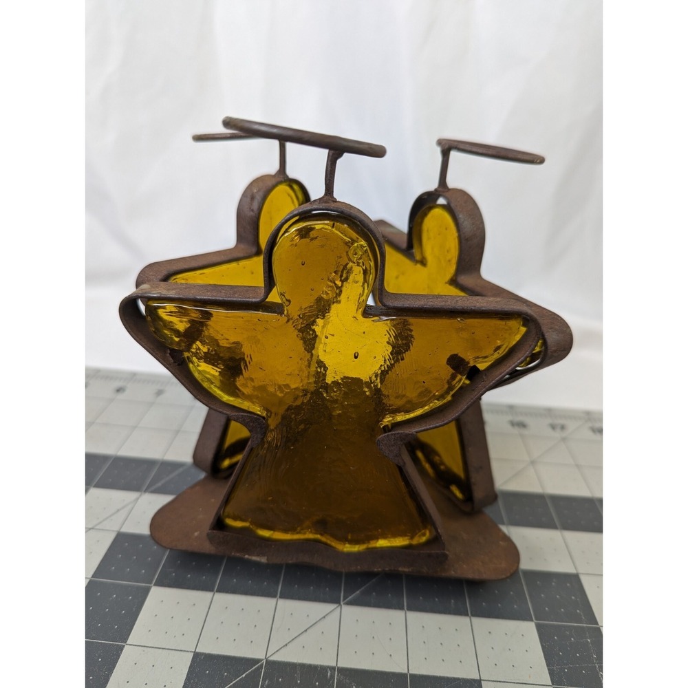 Glass Metal Angel Candle Holder Primitive 7 Inch Tall